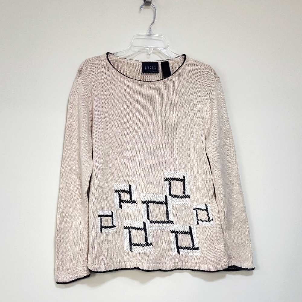 Vtg CRAZY HORSE Liz Claiborne Beige Blue Raime Cotton Embroidered Box Sweater
